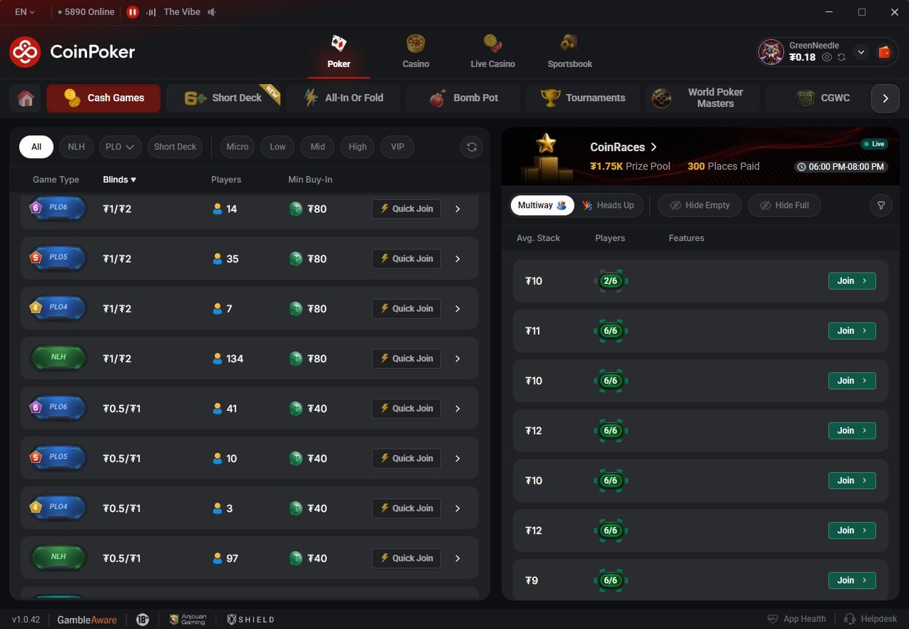 CoinPoker Cash Game Lobby